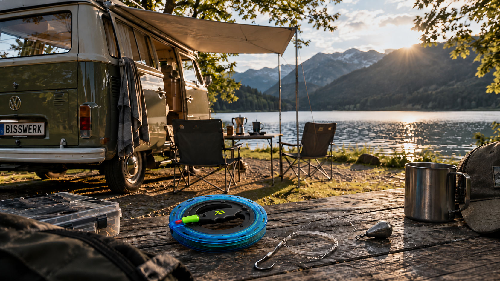 BISSWERK Handangel am Campingtisch mit Bus am See